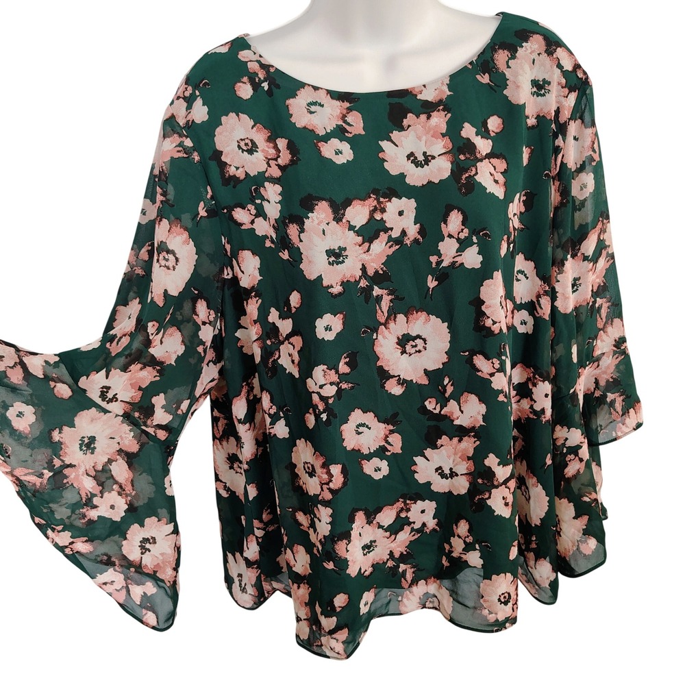 Black Label by Evan-Picone Green Floral Tiered Bell Sleeve Blouse XL Chiffon Top